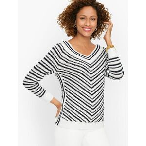 Talbots Chevron Stripe Double V-Neck white black V Neck cotton sz. M sweater